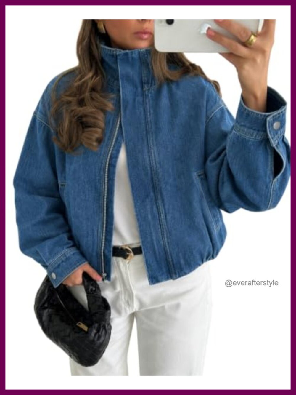 Cropped Denim Bomber Jacket Zip Up Funnel Neck Jean Coat